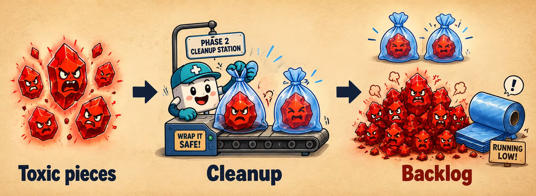 A cartoon illustrates a cleanup process for 'toxic pieces', creating a 'backlog' as bagging supplies run low.