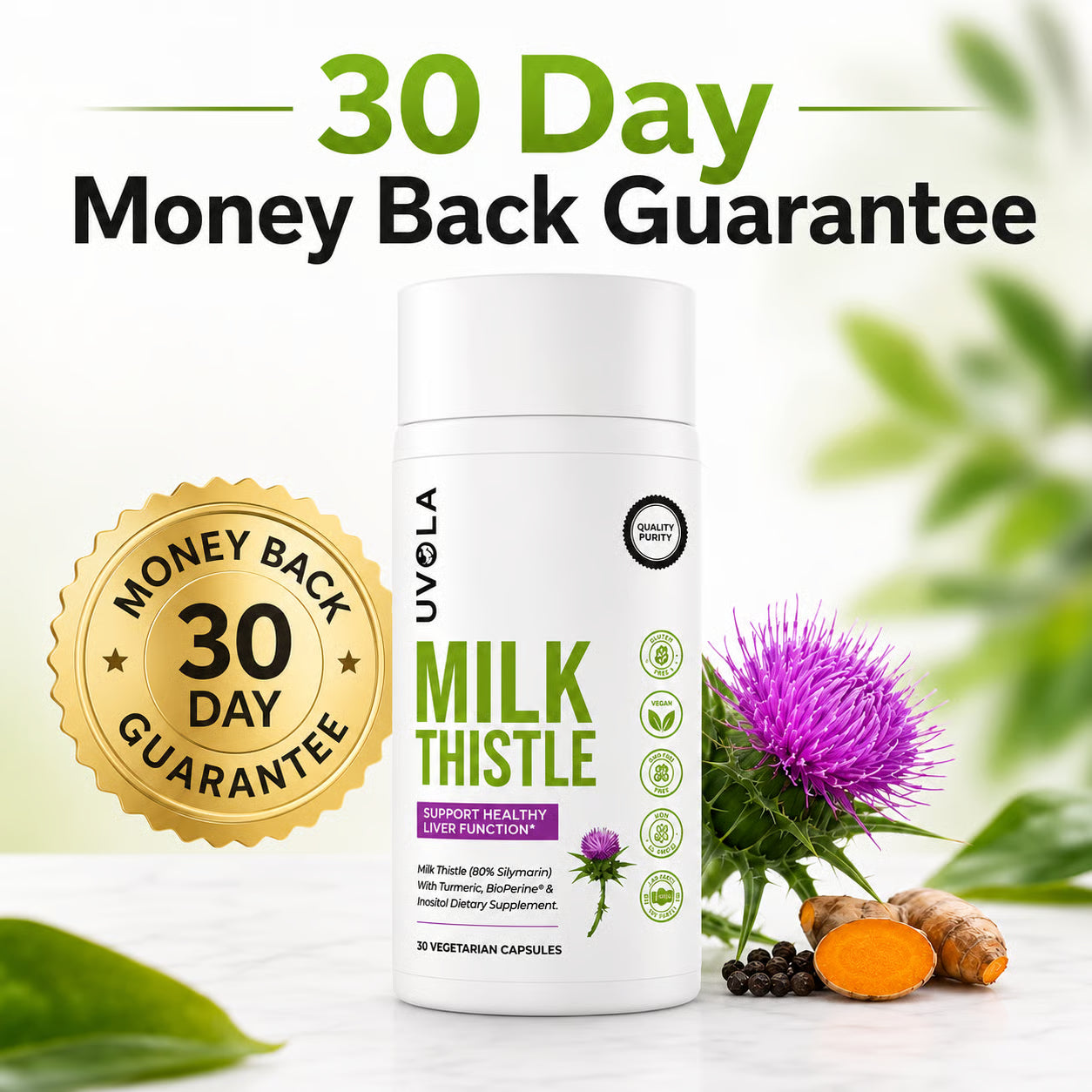 A bottle of UVOLA Milk Thistle supplements with a milk thistle flower, turmeric root, and black peppercorns.